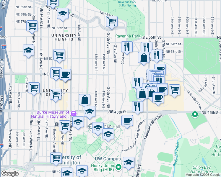 map of restaurants, bars, coffee shops, grocery stores, and more near 4710 20th Avenue Northeast in Seattle