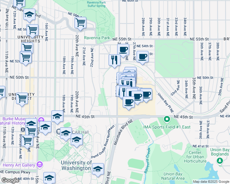 map of restaurants, bars, coffee shops, grocery stores, and more near 4715 25th Avenue Northeast in Seattle