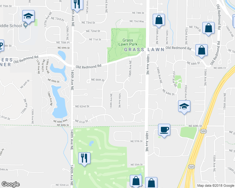 map of restaurants, bars, coffee shops, grocery stores, and more near 14423 Northeast 64th Street in Redmond