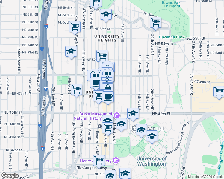map of restaurants, bars, coffee shops, grocery stores, and more near 4728 University Way Northeast in Seattle