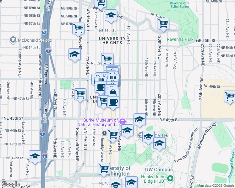 map of restaurants, bars, coffee shops, grocery stores, and more near 4728 University Way Northeast in Seattle