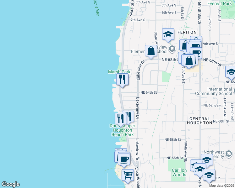map of restaurants, bars, coffee shops, grocery stores, and more near 6363 Lake Washington Boulevard Northeast in Kirkland