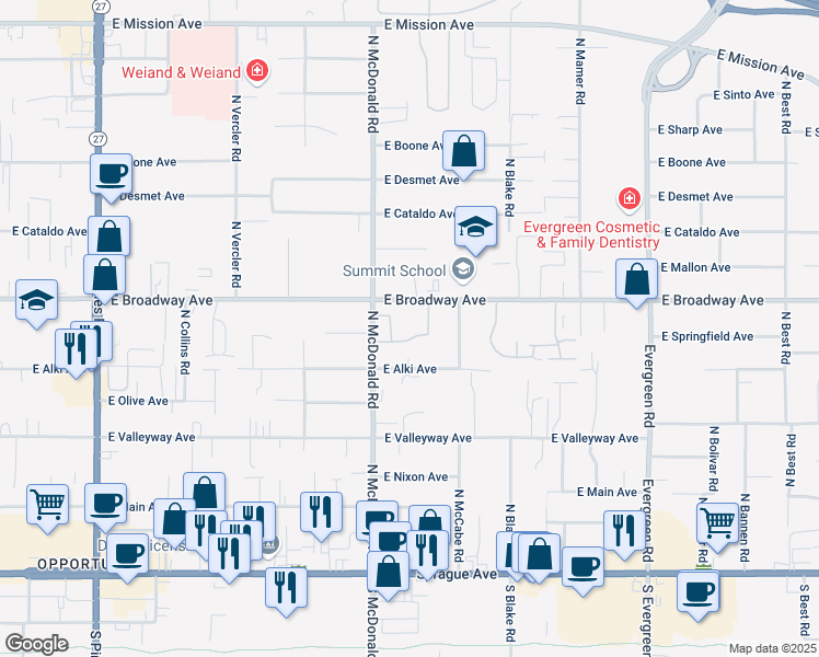 map of restaurants, bars, coffee shops, grocery stores, and more near 726 North McDonald Road in Spokane Valley