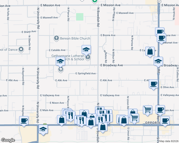 map of restaurants, bars, coffee shops, grocery stores, and more near 11320 East Broadway Avenue in Spokane Valley