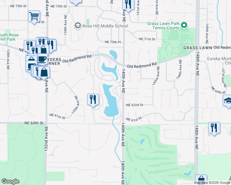 map of restaurants, bars, coffee shops, grocery stores, and more near 6439 139th Avenue Northeast in Redmond