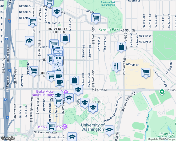 map of restaurants, bars, coffee shops, grocery stores, and more near 4730 19th Avenue Northeast in Seattle