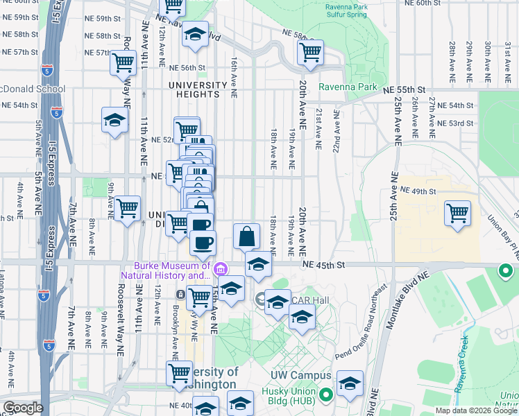 map of restaurants, bars, coffee shops, grocery stores, and more near 4737 18th Avenue Northeast in Seattle