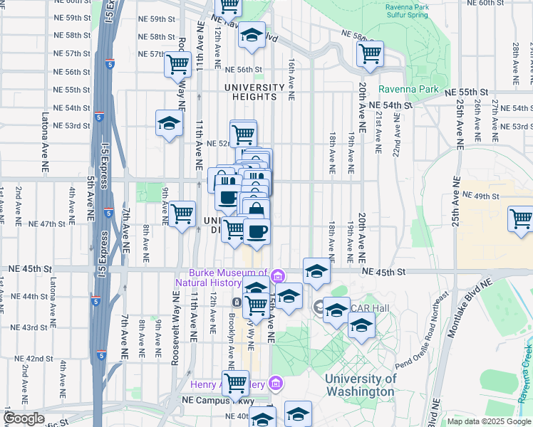 map of restaurants, bars, coffee shops, grocery stores, and more near 4728 University Way Northeast in Seattle