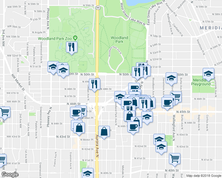 map of restaurants, bars, coffee shops, grocery stores, and more near 1001 North 49th Street in Seattle
