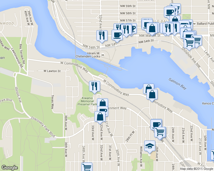 map of restaurants, bars, coffee shops, grocery stores, and more near 3100 West Commodore Way in Seattle