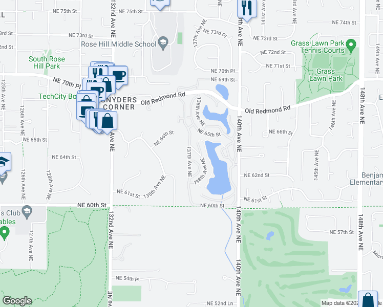 map of restaurants, bars, coffee shops, grocery stores, and more near 6404 137th Avenue Northeast in Redmond