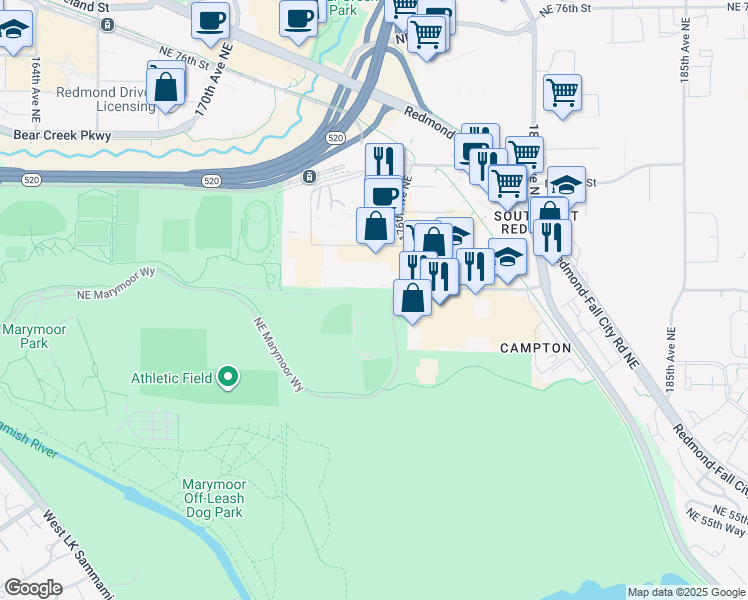 map of restaurants, bars, coffee shops, grocery stores, and more near 6505 176th Avenue Northeast in Redmond