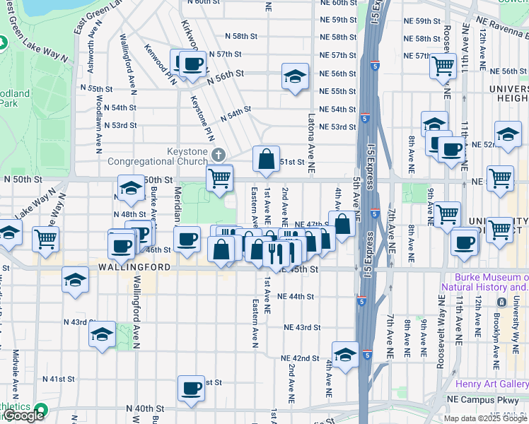 map of restaurants, bars, coffee shops, grocery stores, and more near 4646 1st Avenue Northeast in Seattle