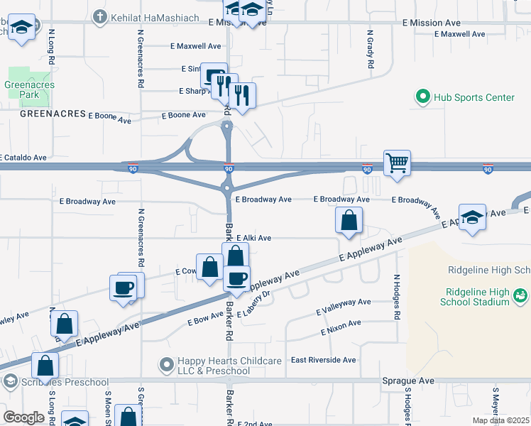 map of restaurants, bars, coffee shops, grocery stores, and more near 18814 East Broadway Avenue in Spokane Valley