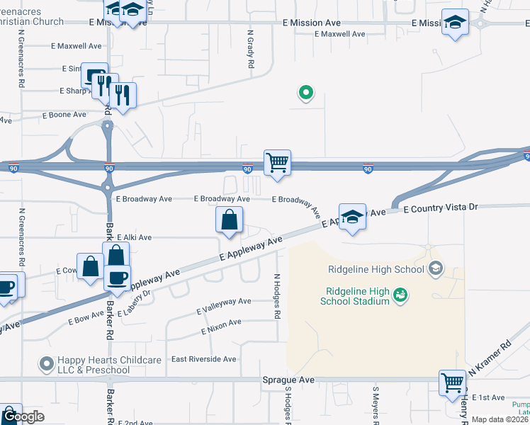 map of restaurants, bars, coffee shops, grocery stores, and more near 19410 East Broadway Avenue in Liberty Lake