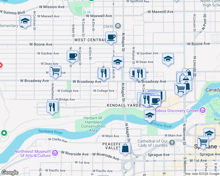 map of restaurants, bars, coffee shops, grocery stores, and more near 1801 West Broadway Avenue in Spokane