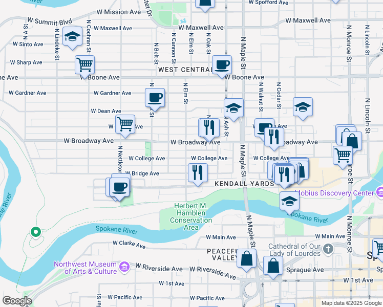 map of restaurants, bars, coffee shops, grocery stores, and more near 1843 West Broadway Avenue in Spokane