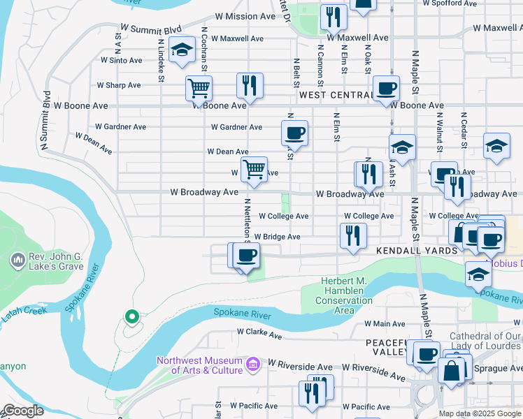 map of restaurants, bars, coffee shops, grocery stores, and more near 712 North Nettleton Street in Spokane