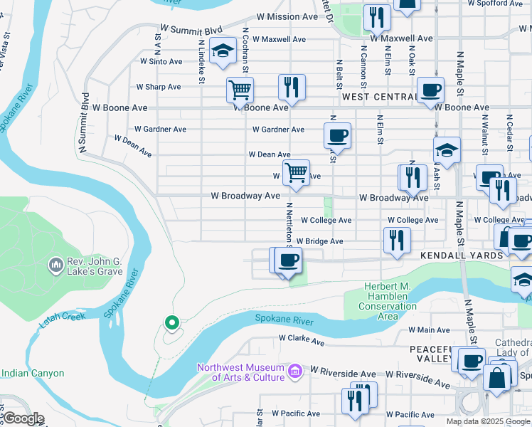 map of restaurants, bars, coffee shops, grocery stores, and more near 2325 West Broadway Avenue in Spokane