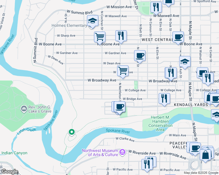 map of restaurants, bars, coffee shops, grocery stores, and more near 2325 West Broadway Avenue in Spokane