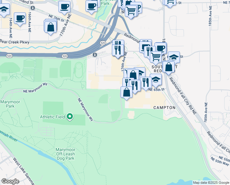 map of restaurants, bars, coffee shops, grocery stores, and more near 17455 Northeast 67th Court in Redmond