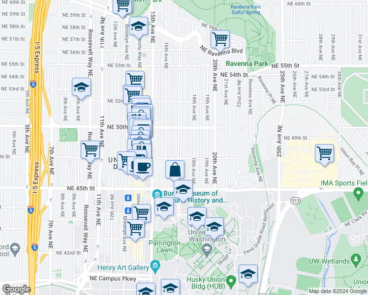 map of restaurants, bars, coffee shops, grocery stores, and more near 4737 18th Avenue Northeast in Seattle