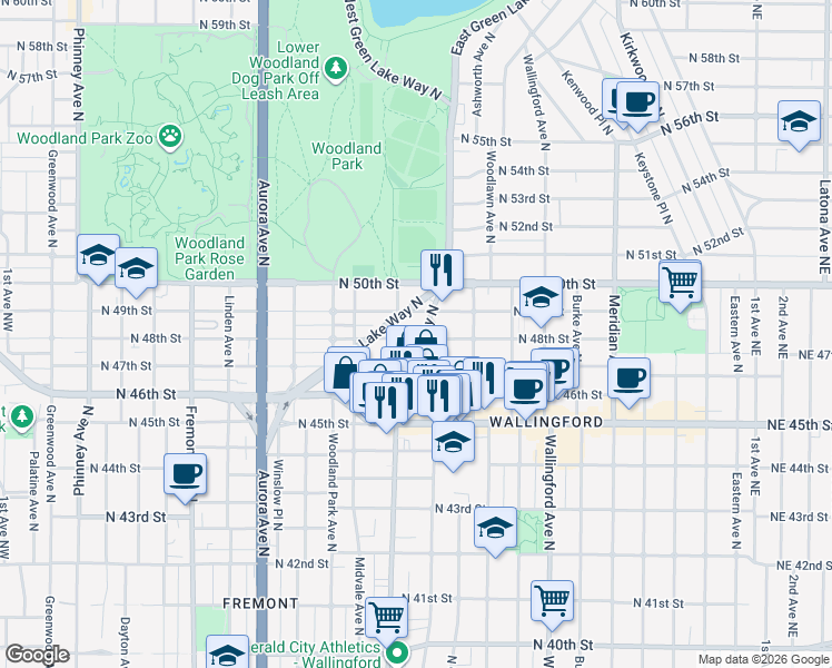 map of restaurants, bars, coffee shops, grocery stores, and more near 1311 North 49th Street in Seattle