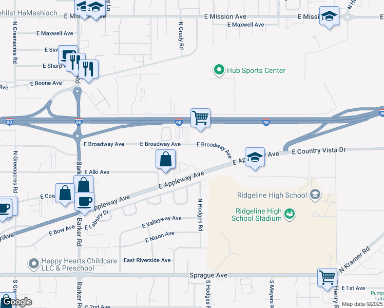 map of restaurants, bars, coffee shops, grocery stores, and more near 19410 East Broadway Avenue in Liberty Lake
