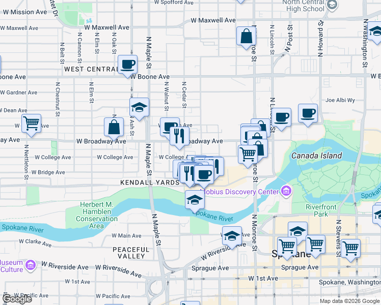 map of restaurants, bars, coffee shops, grocery stores, and more near 1310 West College Avenue in Spokane