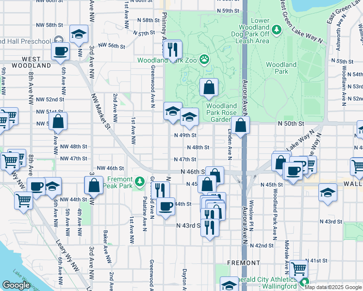 map of restaurants, bars, coffee shops, grocery stores, and more near 4801 Dayton Avenue North in Seattle