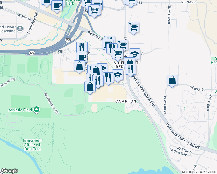 map of restaurants, bars, coffee shops, grocery stores, and more near 17790-17820 Northeast 65th Street in Redmond