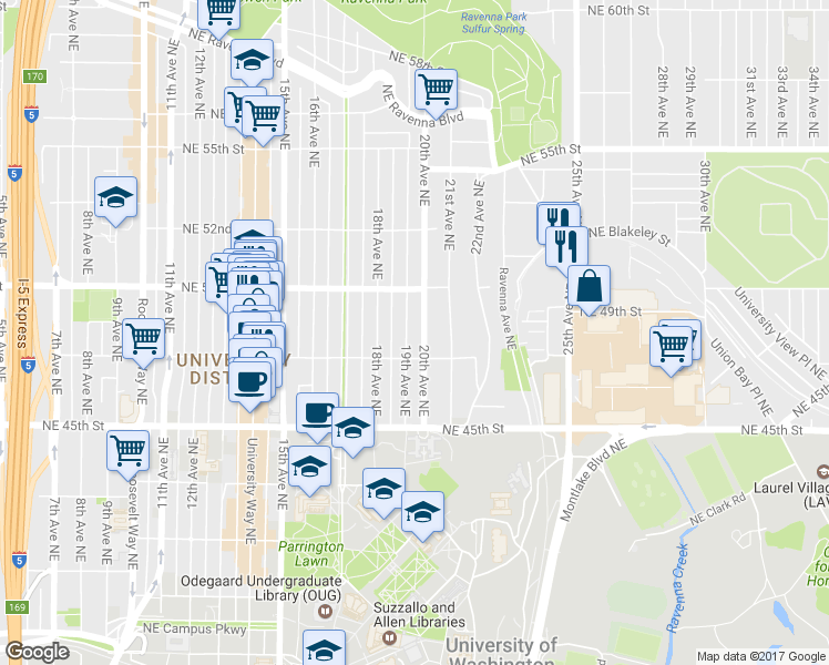 map of restaurants, bars, coffee shops, grocery stores, and more near 4722 19th Avenue Northeast in Seattle