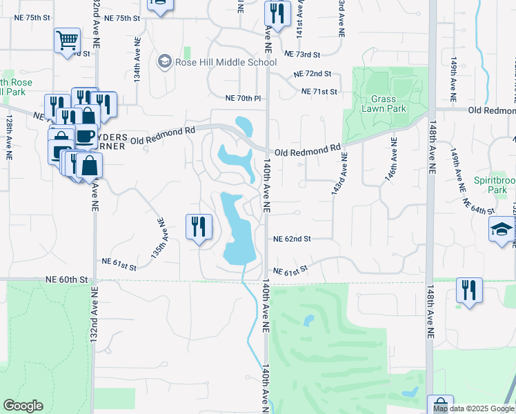 map of restaurants, bars, coffee shops, grocery stores, and more near 6439 139th Avenue Northeast in Redmond