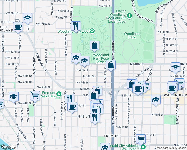map of restaurants, bars, coffee shops, grocery stores, and more near 616 North 48th Street in Seattle