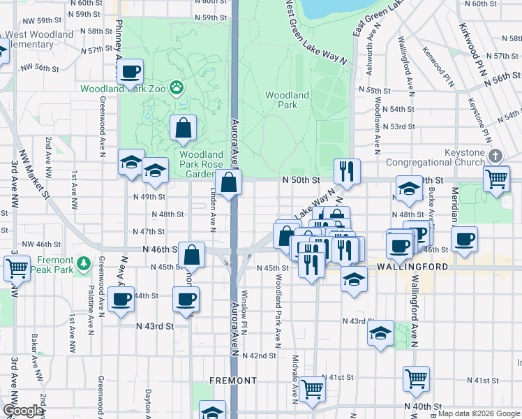 map of restaurants, bars, coffee shops, grocery stores, and more near 1001 North 49th Street in Seattle