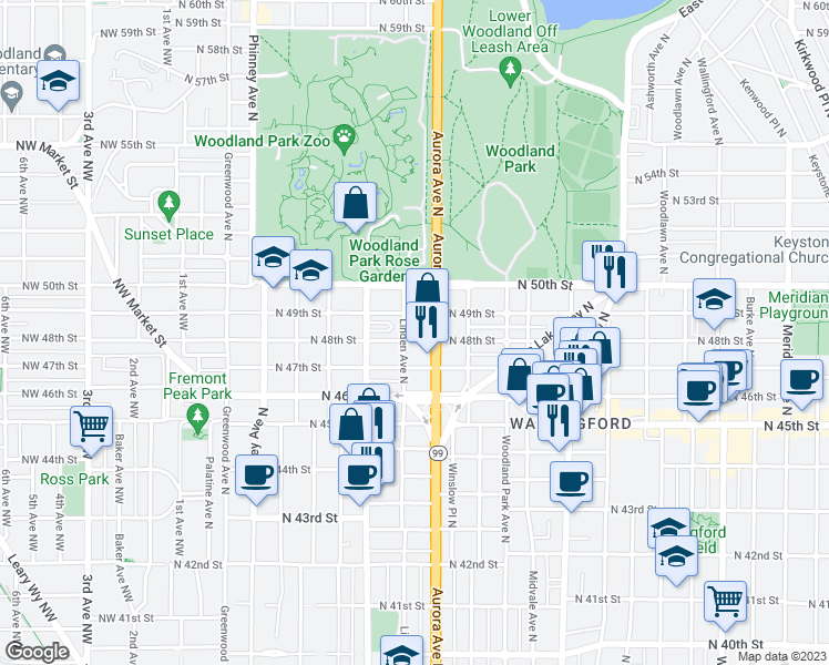 map of restaurants, bars, coffee shops, grocery stores, and more near 806 North 48th Street in Seattle