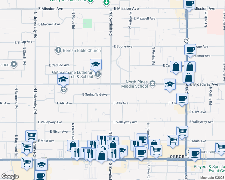 map of restaurants, bars, coffee shops, grocery stores, and more near 710 North Bowdish Road in Spokane Valley