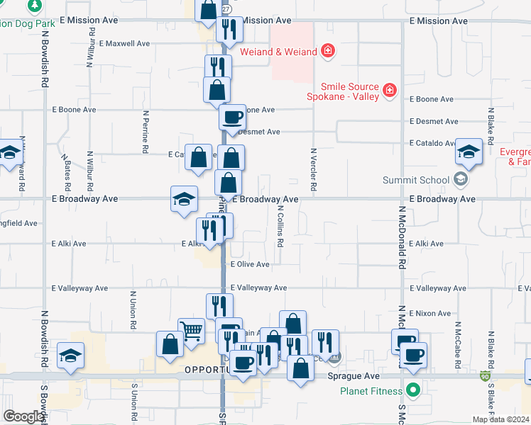 map of restaurants, bars, coffee shops, grocery stores, and more near 12508 East Broadway Avenue in Spokane Valley