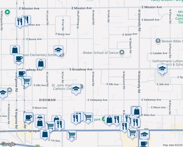 map of restaurants, bars, coffee shops, grocery stores, and more near 10012 East Broadway Avenue in Spokane Valley