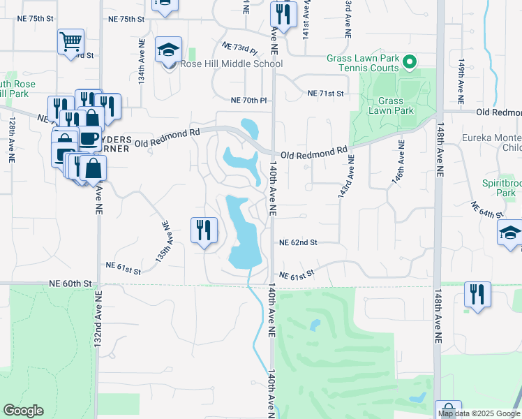 map of restaurants, bars, coffee shops, grocery stores, and more near 6439 139th Avenue Northeast in Redmond