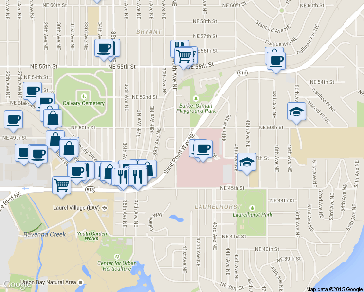 map of restaurants, bars, coffee shops, grocery stores, and more near 4728 40th Avenue Northeast in Seattle