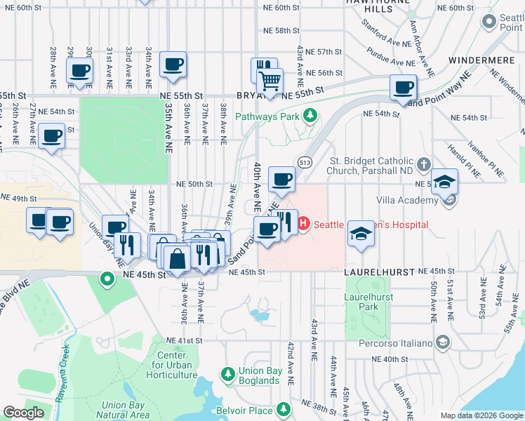 map of restaurants, bars, coffee shops, grocery stores, and more near 4728 40th Avenue Northeast in Seattle