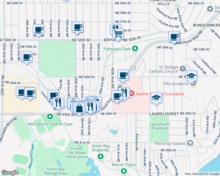 map of restaurants, bars, coffee shops, grocery stores, and more near 4728 40th Avenue Northeast in Seattle