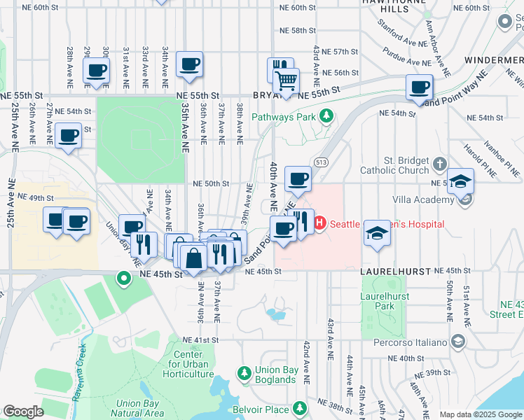 map of restaurants, bars, coffee shops, grocery stores, and more near 4851 Terrace Drive Northeast in Seattle