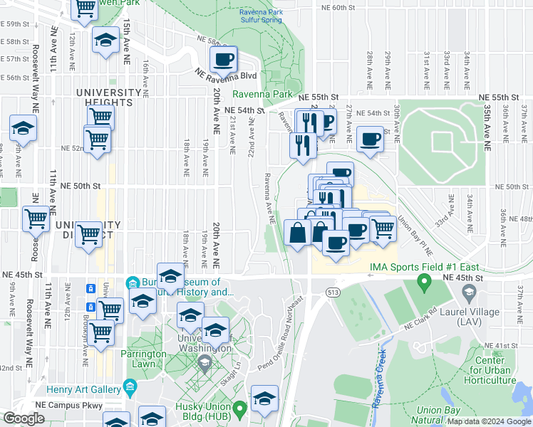 map of restaurants, bars, coffee shops, grocery stores, and more near 4732 22nd Avenue Northeast in Seattle