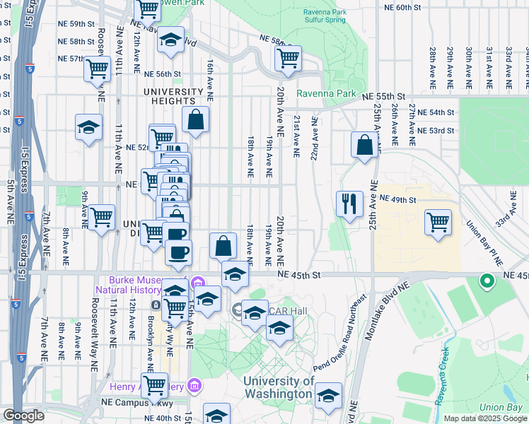 map of restaurants, bars, coffee shops, grocery stores, and more near 4730 19th Avenue Northeast in Seattle