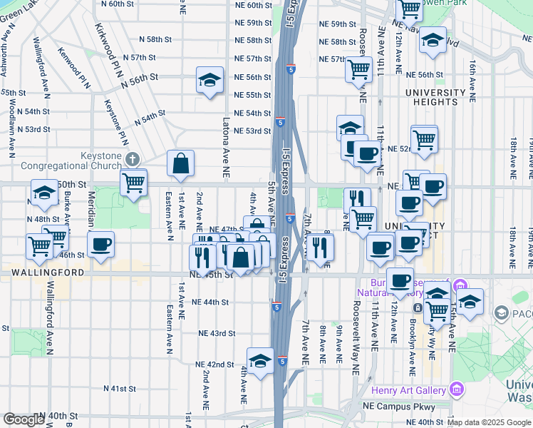 map of restaurants, bars, coffee shops, grocery stores, and more near 4728 4th Avenue Northeast in Seattle