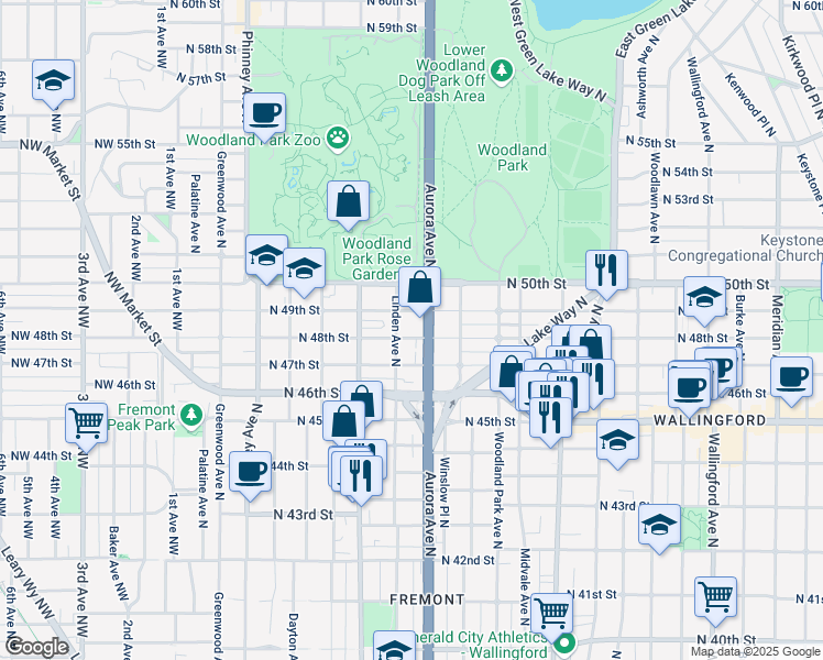 map of restaurants, bars, coffee shops, grocery stores, and more near 819 North 49th Street in Seattle
