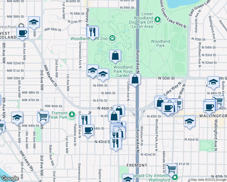 map of restaurants, bars, coffee shops, grocery stores, and more near 4813 Fremont Avenue North in Seattle