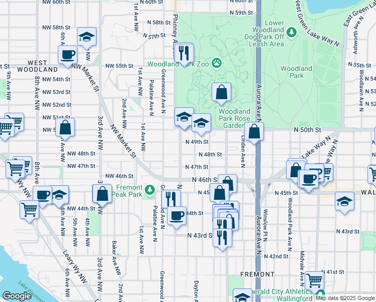 map of restaurants, bars, coffee shops, grocery stores, and more near 411 North 49th Street in Seattle